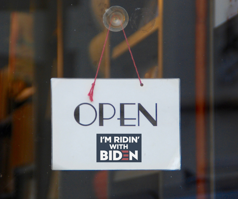 Open sign with Biden logo