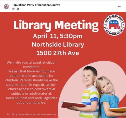 Republican Party of Kenosha County encourages members to attack public library with photo of two children