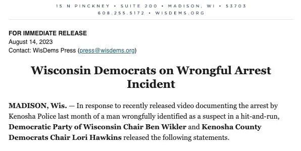 Wisconsin Democrats on Wrongful Arrest Incident in Kenosha WI